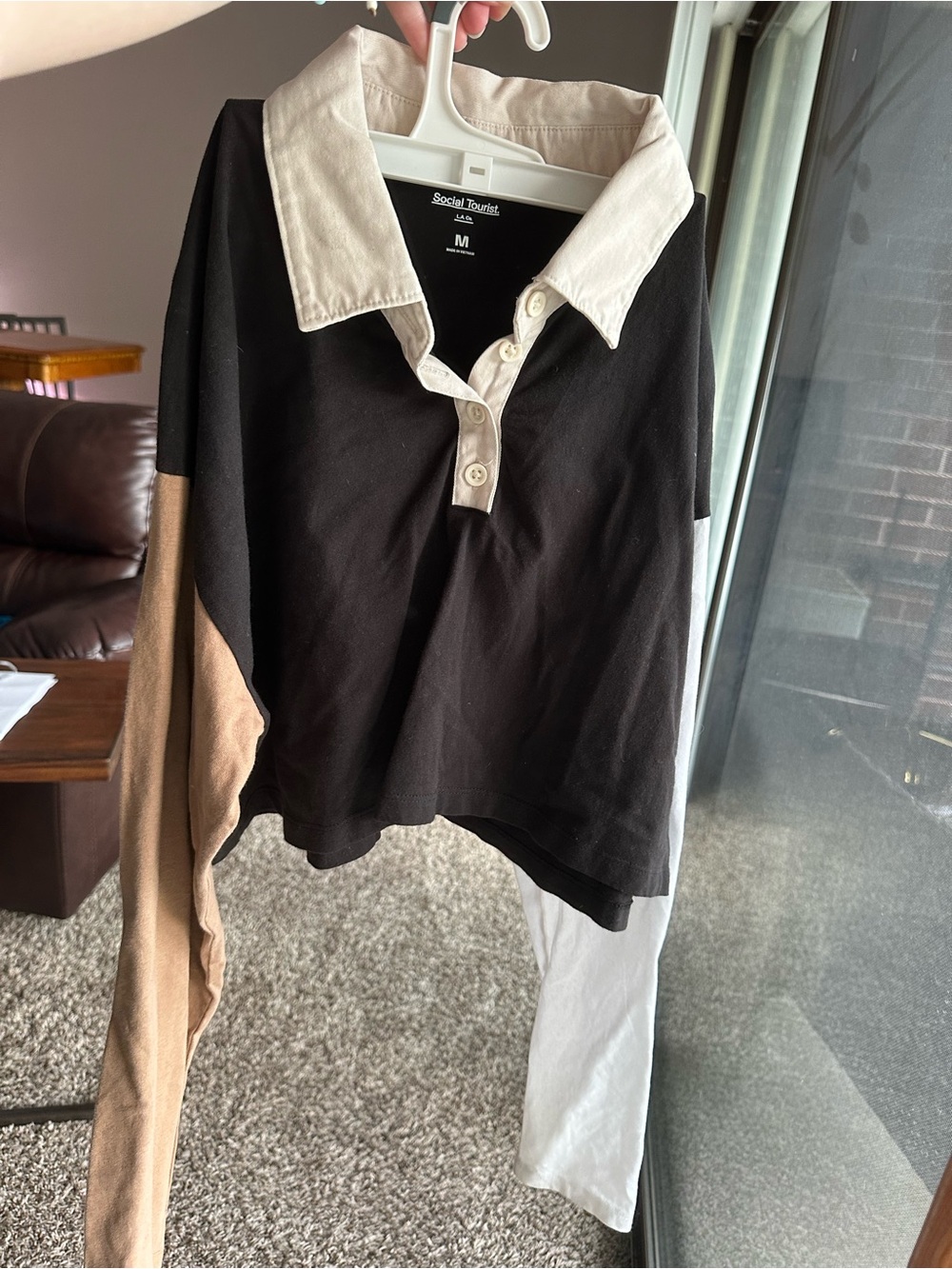 Women’s Colorblock Collared Polo Shirt - Black, White & Tan